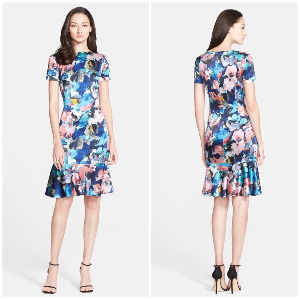 St John Floral Print Stretch Silk Charmeuse Dress